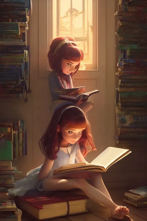 Image similar to highly detailed portrait of beautiful girl reading a book in toy story 3, dynamic pose, stephen bliss, unreal engine, fantasy art by greg rutkowski, loish, rhads, ferdinand knab, makoto shinkai and lois van baarle, ilya kuvshinov, rossdraws, tom bagshaw, global illumination, radiant light, detailed and intricate environment