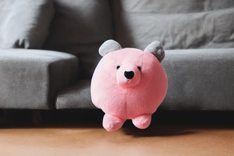 Prompt: a high quality photo of a pink chubby stuffed animal with dark blue shirt sitting on a couch, kangaroo, light gray triangle in face, full body, wide angle, an ultrafine detailed photo, trending on artstation, perfect symmetrical face, sharp focus, masterpiece