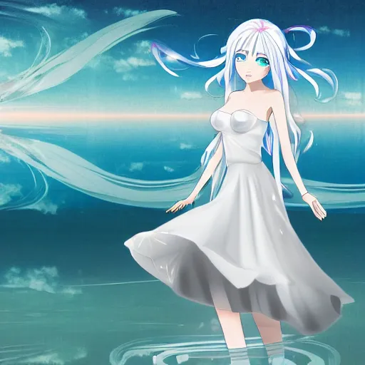 Prompt: advanced digital anime art, girl with long sky blue hair wearing a white dress swirling while standing in the middle of a lake twirling the water around her. —W 2048 —H 1080