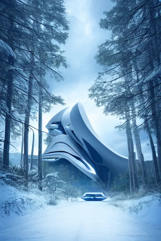 Image similar to a futuristic scene in front of a zaha hadid building in the forrest of the french alps in the style of chris moore, stormy weather, cinematic matte painting, extreme detail photo quality, soft colors, snowfall, featured on behance