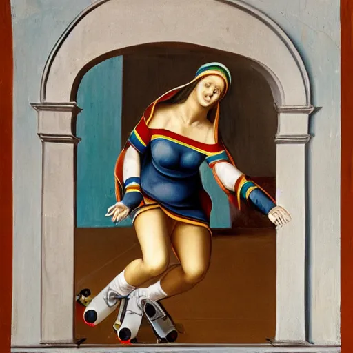 Image similar to blonde nun in blue clothes on roller skates, body shot, in the style of michaelangelo