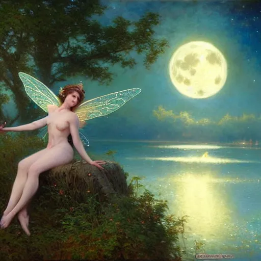 Image similar to attractive fairy magically floating high in the night, fantasy, full moon in background. highly detailed painting by gaston bussiere, craig mullins, j. c. leyendecker, mid shot, 8 k realistic, cryengine, frostbite 3 engine, sharp focus