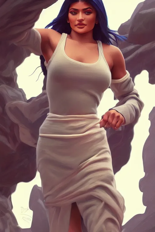 Image similar to clear portrait of kylie jenner benchpressing sillicone bags, cottagecore!!, background hyper detailed, character concept, full body, dynamic pose, elegant, intricate, highly detailed, digital painting, artstation, concept art, smooth, sharp focus, illustration, art by artgerm and greg rutkowski and alphonse mucha