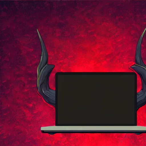 Prompt: a demon programmer using a laptop ~ evil smile ~ lava background ~ digital art ~ two horns ~