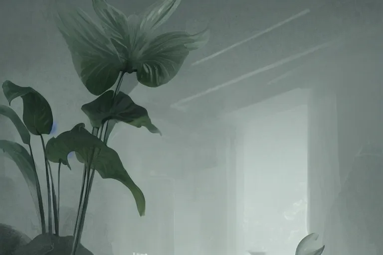 Prompt: Peace Lilly, a common room plant in a mysterious fog, digital art, dark atmosphere by Marby Kwong, (((((((Makoto Shinkai Raphael Lacoste Martin Deschambault Finnian MacManus ArtStationhq IAMAG