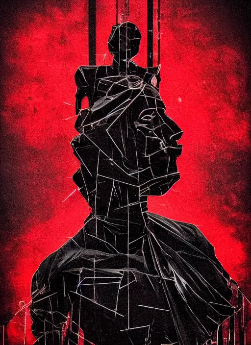 Image similar to dark design poster showing a close up of a heroic greco roman statue, black background with very subtle red and purple design elements, powerful, nekro, vito acconci, thin straight lines, dark, glitch art, neo vaporwave, gritty, layout frame, square, trending on artstation