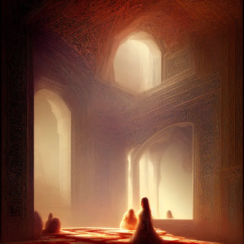 Image similar to magic fluffy Persian carpet & mirror dimension, vertical labyrinth structure, by Greg Rutkowski and Gaston Bussiere, dim lighting, beautiful volumetric-lighting-style atmosphere, surreal atmosphere, intricate, detailed, photorealistic imagery, artstation