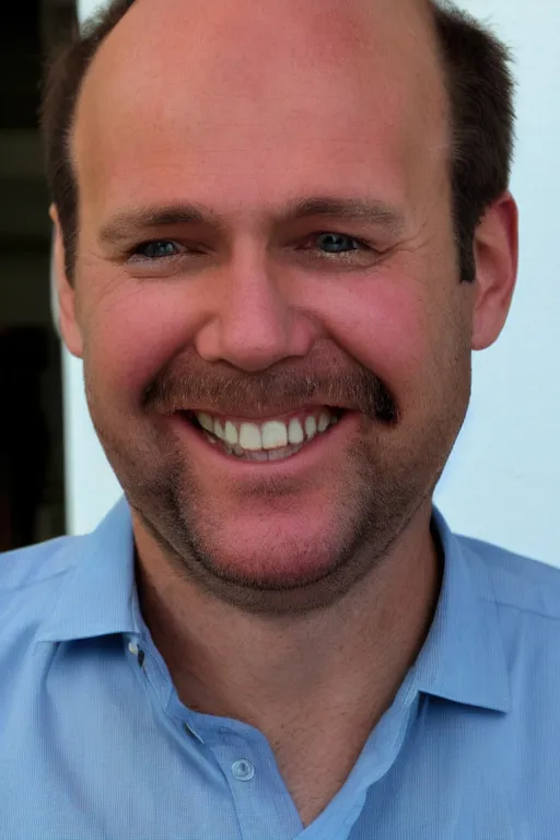 Prompt: full body color photograph of a balding, middle aged, brown haired, hairy, blue eyed, round faced, short white man dressed in a white shirt, smiling at the camera with perfect, straight white teeth