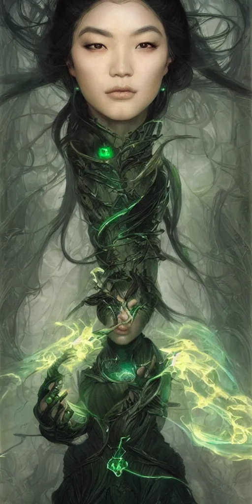 Image similar to epic masterpiece portrait of a dark asian sorceress with a magic wand, followed by heads with many faces, beautiful face and flawless skin, perfect hands, emeralds by Edgar Maxence and Ross Tran and Michael Whelan, Legends of Runeterra