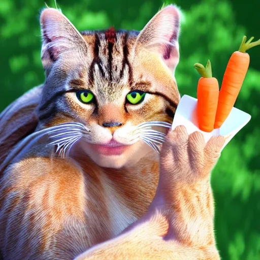 Prompt: big tabby cat with white paws biting a carrot 3D