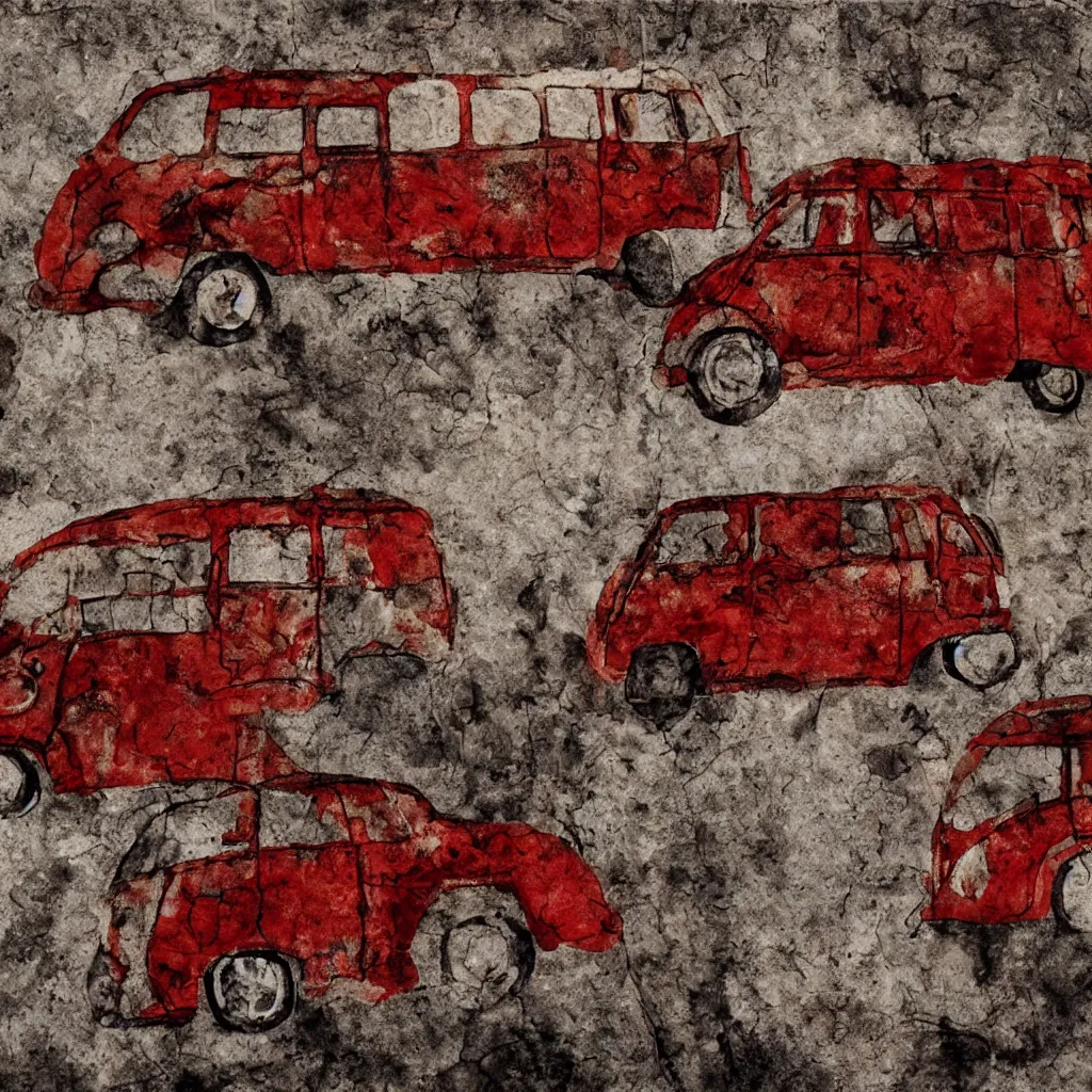 Prompt: prehistorical fresco of vw buses and mammoths, cave wall, spotlight, hard light, finger painting, red ochra, monochrome