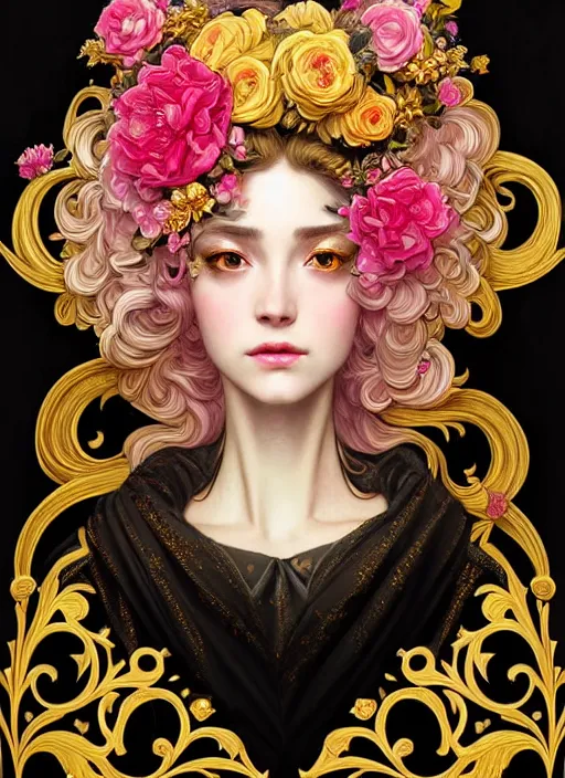 Prompt: beautiful black pink yellow, complicated gold and pink flowers in baroque style headwears, dark fantasy, intricate, elegant, highly detailed, digital painting, artstation, concept art, matte, 3 d 8 k octane rendered, sharp focus, illustration, octane rendered, art by artgerm and alphonse mucha, leesha hannigan