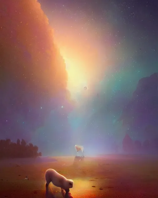 Prompt: white capybara under a sky full of stars, surreal photography, volumetric light, impressionist painting, digital painting, artstation, kilian eng, john harris, bastien lecouffe - deharme, simon stalenhag