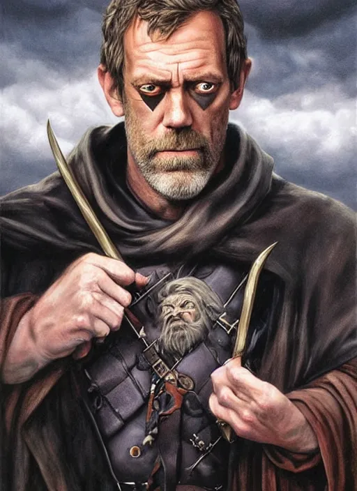 Prompt: hugh laurie as odin, wearing a eye-patch!, missing an eye, eyepatch, a raven on his shoulder, dark background, stormy clouds, hyperrealistic, very detailed painting by Glenn Fabry, by Joao Ruas, by Artgerm