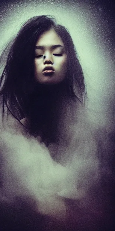 Image similar to dark background, light paint, candid!! long abstract paint portrait of a very very beautiful! young filipino woman with very narrow face, closed eyes and flowing long hair, swirling dreamy smoke and fog is coming from her mouth, face partially obscured, by conrad roset, abstract background, dramatic lighting, minimal art, trending on artstation