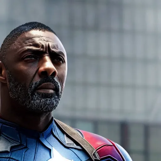 Prompt: film still of Idris Elba as Captain America in new Avengers film, photorealistic 8k