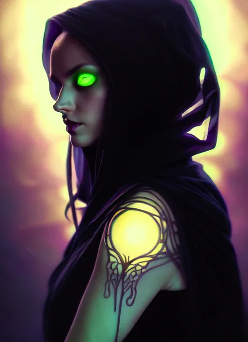Prompt: side portrait, dark witch with black hood and evil eyes, realism, soft, smooth, luminescent, art nouveau tarot, backlit glow, colorful swirly ripples, gaudy colors, aesthetic octane render, unreal engine, 8 k, by artgerm, greg rutkowski, alphonse mucha