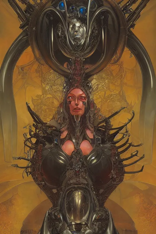 Prompt: portrait of mad alien robot queen, symmetrical, by yoichi hatakenaka, juan gimenez, brom, karol bak, alphone mucha, gustave dore