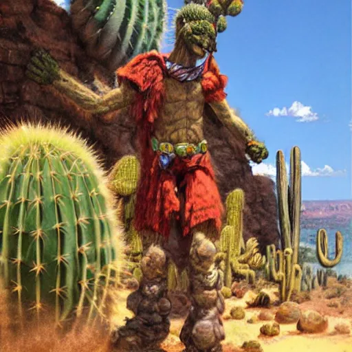 Image similar to Cactus man strikes again, concept art by James Gurney.