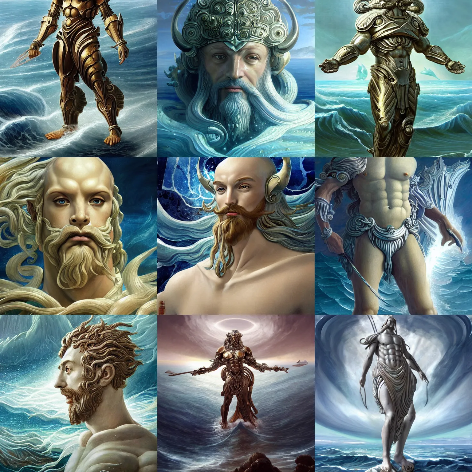 Prompt: poseidon god in ancient alien ocean sci-fi armor, in the style of sandro botticelli, stylized, highly detailed, digital painting, artstation, concept art, smooth, sharp focus, illustration, ArtStation, art by artgerm and greg rutkowski and Hikari Shimoda and Edmund Blair Leighton and Charlie Bowater