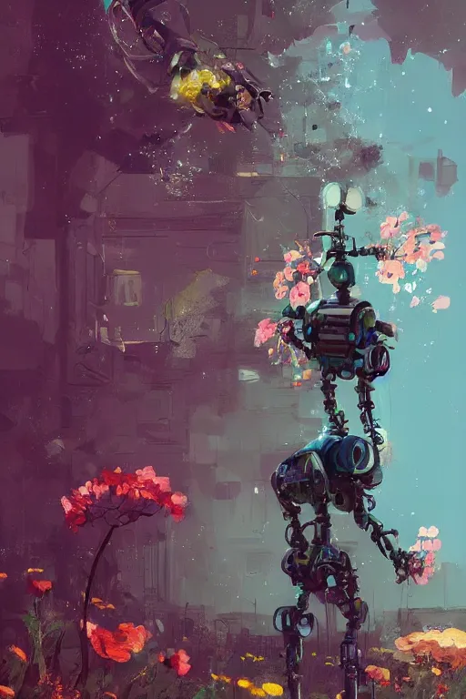 Prompt: a painting of a robot with flowers in front of it, a digital painting by Ismail Inceoglu, trending on Artstation, environmental art, made of flowers, reimagined by industrial light and magic, artstation hd