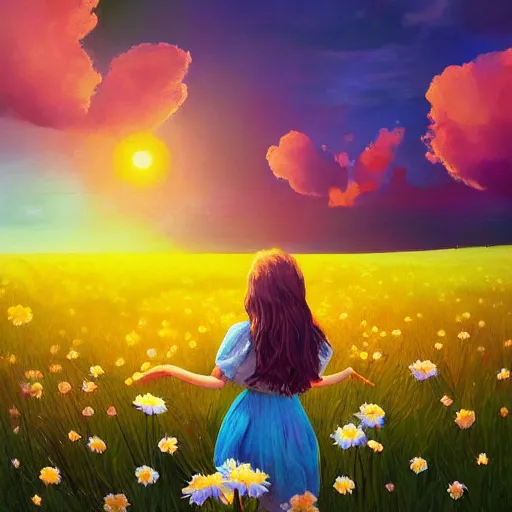 Image similar to girl with a full daisies head, surreal photography, flower field, sunset dramatic light, impressionist painting, colorful clouds, blue sky, digital painting, artstation, simon stalenhag