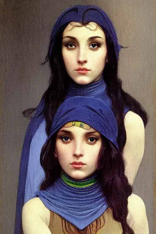 Image similar to portrait of raven, perfect future, iridescent color palette, art by bouguereau, 1 9 7 0 s retro future robot android. muted colors