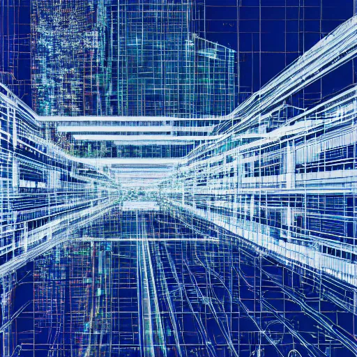 Prompt: an abstract painting of a semi - transparent cityscape, made of glass, at night, computer graphics, luminism by alvar aalto, computer art, glitch art, glitchy