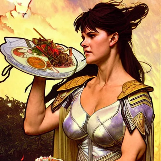 Prompt: xena warrior princess eating at a restaurant art by artgerm and greg rutkowski and alphonse mucha - w 7 6 8