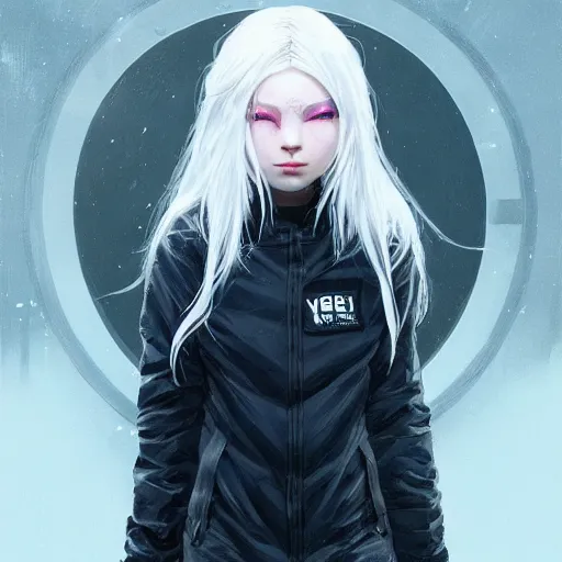 Image similar to ! dream very cool girl white hair girl with mask, streetwear, techwear, cyberpunk style outfit, full body, nose piercing, detailed portrait, intricate complexity, by greg rutkowski, cory loftis, artgerm, ross tran, conrad roset, takato yomamoto, ilya kuvshinov. 4 k, beautiful, cinematic dramatic atmosphere