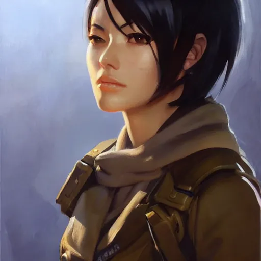 Image similar to greg manchess portrait painting of mikasa ackerman as overwatch character, medium shot, asymmetrical, profile picture, organic painting, sunny day, matte painting, bold shapes, hard edges, street art, trending on artstation, by huang guangjian and gil elvgren and sachin teng