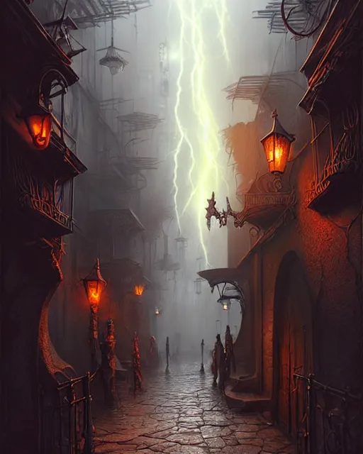 Prompt: street view of a dangerous otherworldly gothic alley in the planescape city named sigil, crowded with planescape creatures both mysterious and magical, beautiful digital painting in the style of wlop, volumetric lightning, intricate details, ultra realistic, by art germ, by greg rutkowski, vibrant deep colors, amazing d & d art, cgsociety contest winner, sharp