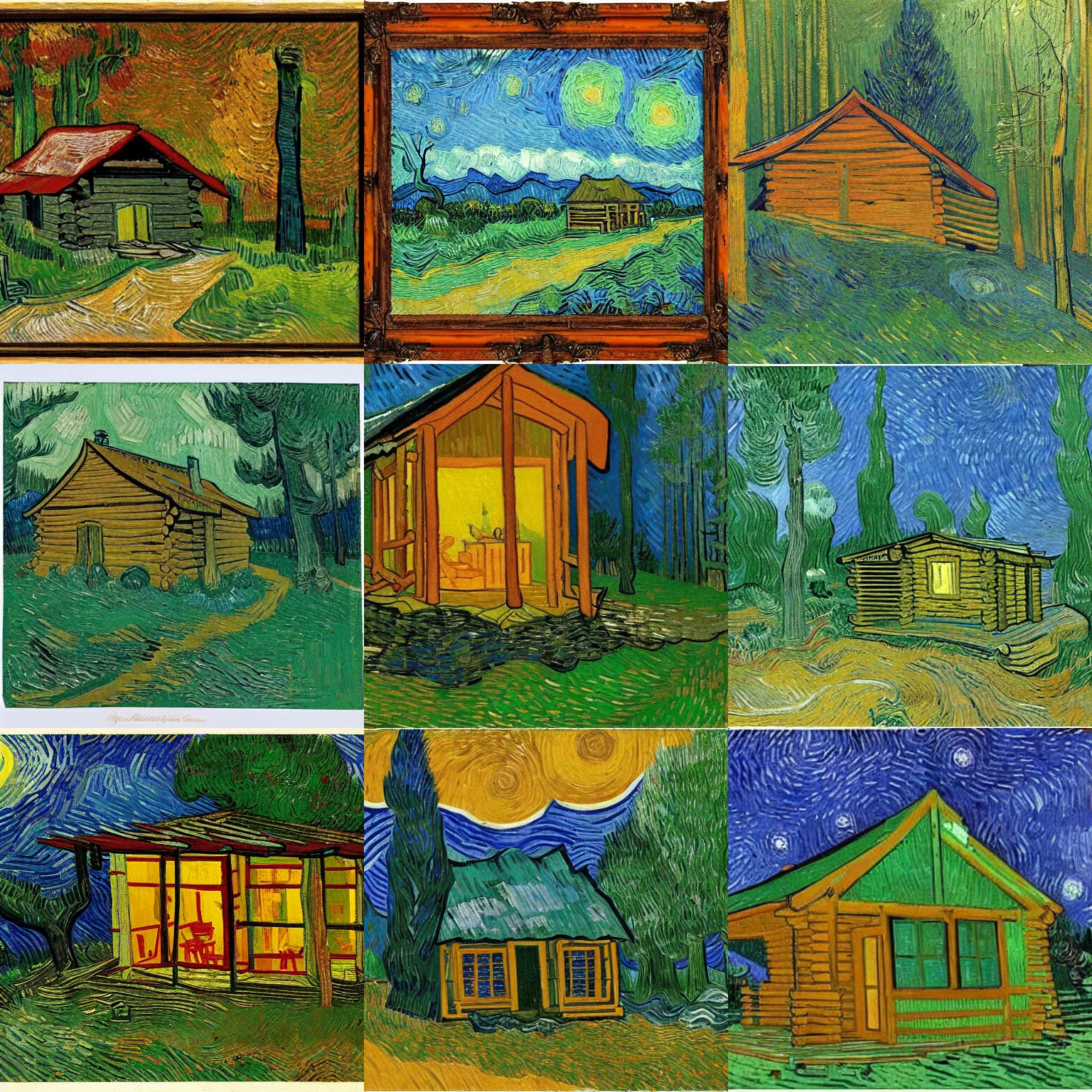 Prompt: [ a log cabin in the forest ] [ van gogh ]