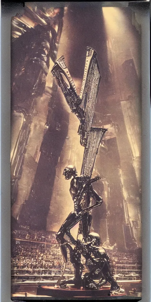 Prompt: polaroid photo of the terminator playing harp on the madison square garden stage, 8 k, ultra detailed, depth, detailed and intricate environment, stunning scene