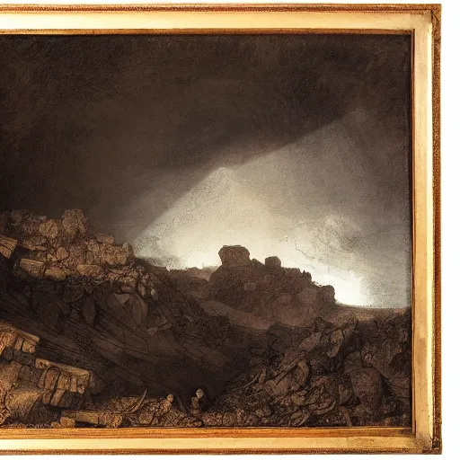 Prompt: painting of a huge pile of books on the middle of a valley in winter, rembrandt, chiaroscuro, incredible detail, volumetric light