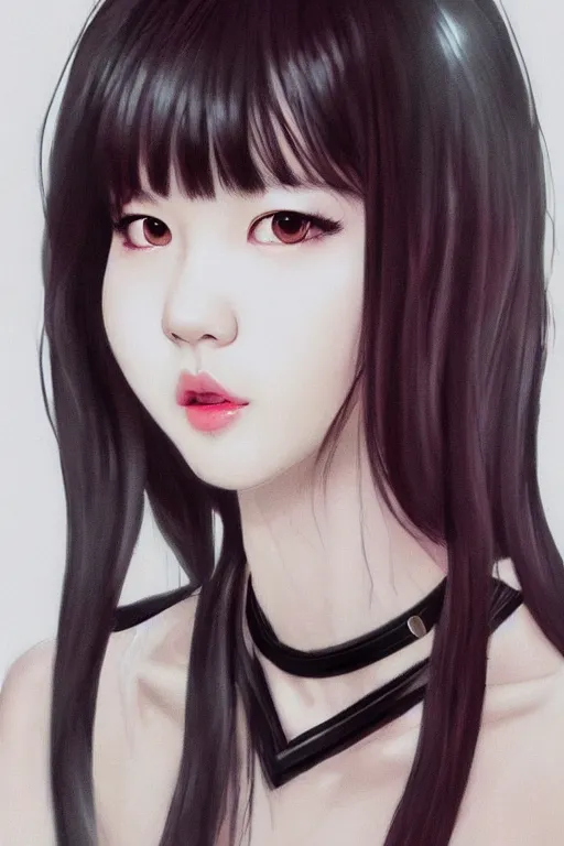 Image similar to realistic detailed semirealism beautiful gorgeous cute Blackpink Lalisa Manoban wearing white tight t-shirt, black hair black cat ears, black leather choker, proportional body, WLOP, Aztodio, Taejune Kim, sakimichan, ArtGerm, Pixiv, Instagram, Artstation