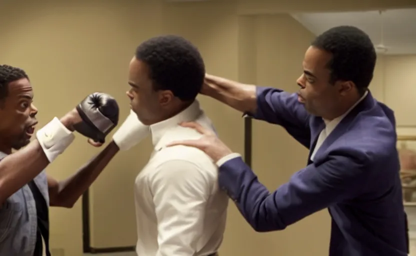 Image similar to movie still of prince of bell air punching chris rock in the face