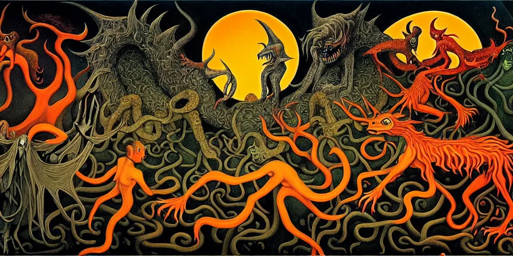 Image similar to fiery wild creatures and monsters in the imaginal realm of the collective unconscious, in a dark surreal painting by johfra, mc escher and ronny khalil