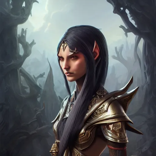 Image similar to dark elf princess, highly detailed, d & d, fantasy, highly detailed, digital painting, trending on artstation, concept art, sharp focus, illustration, global illumination, shaded, art by artgerm and greg rutkowski and fuji choko and viktoria gavrilenko and hoang lap