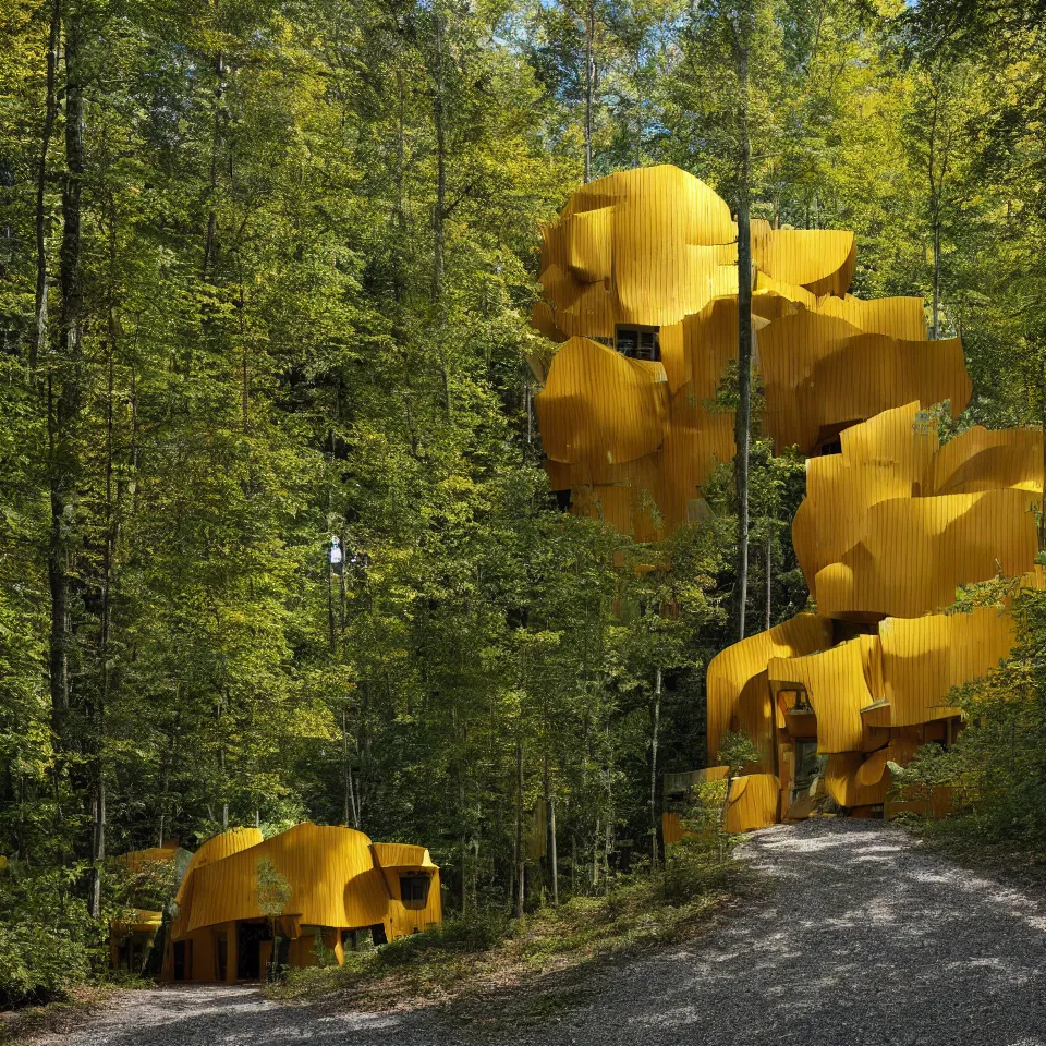 Prompt: a house in a taiga forest clearing from afar, designed by Frank Gehry. Tiles. Gravel pathway with parking. Film grain, cinematic, yellow hue