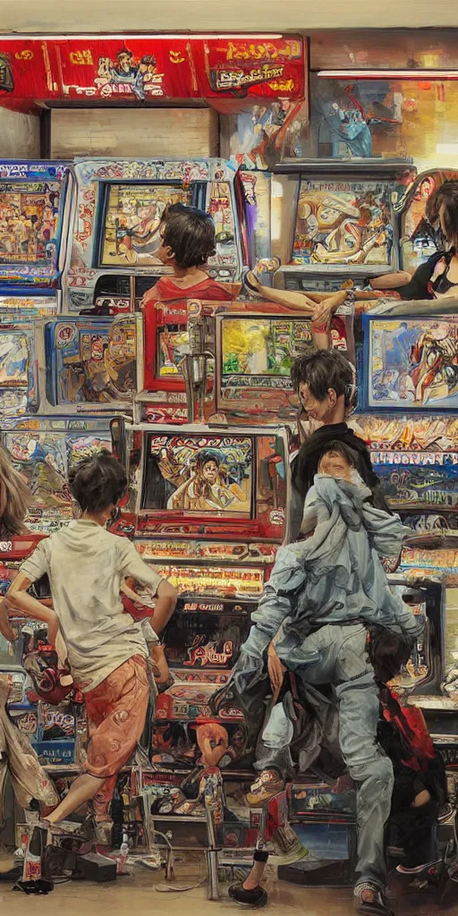 Image similar to oil painting scene from amusement arcade by kim jung gi