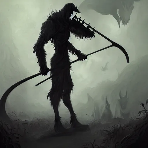 Image similar to fantasy art sillohuette character with scythe standing in for ground, menacing werewolf in background, intense, stunning, unsettling ( dark colors ) ( mist )