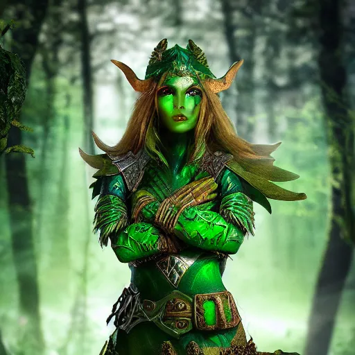 Image similar to portrait elf warrior in the forest, glowing, ornate and intricate green armour, jaw dropping beauty, glowing background lighting, green accent lighting, hyper detailed, fairy tale, 4 k octane render