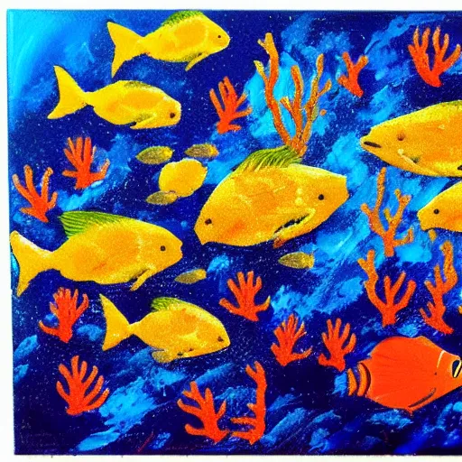 Prompt: swarm of fish, coral reef, scratch painting