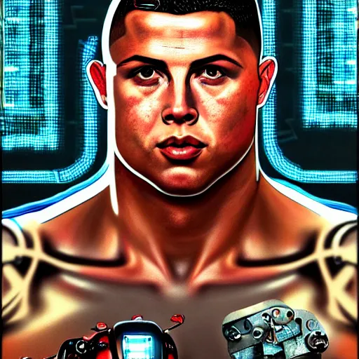 Image similar to ultra realist intricate detailed pin - up painting of ronaldo nazario as a single rugged cyborg male, and cyborg tech on body and legs, symmetry accurate features, cyberpunk, industrial, apocalyptic, very intricate details, focus, high resolution, 8 k resolution, dramatic lighting, artstyle hiraku tanaka, award winning