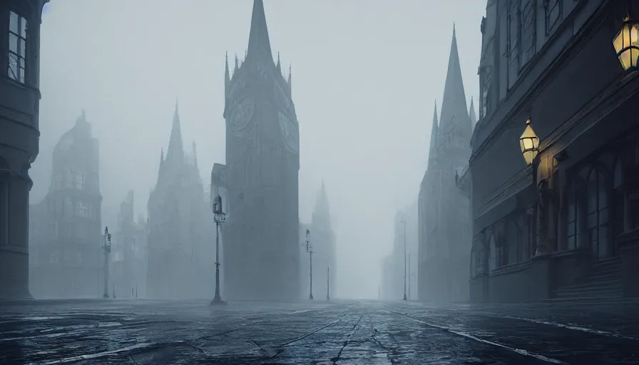 Image similar to empty streets of neo - gothic london, wet streets, fog, cold, hyperdetailed, artstation, cgsociety, 8 k