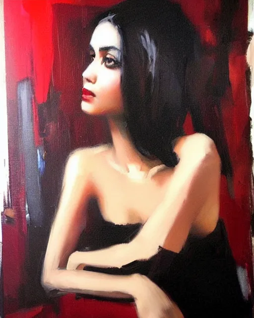 Image similar to beautiful portrait painting an gorgeous delhi girl wearing a little black dress at a nightclub, red lighting, oil painting, art by ruan jia