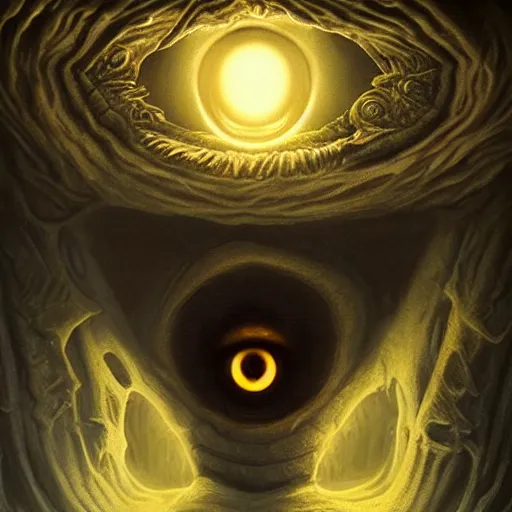 Image similar to an eye inside a mouth of a child with pointed teeth and glowing yellow eyes, nightmare, dark, h. p. lovecraft, portrait, intricate, detailed, volumetric lighting, scenery, digital painting, highly detailed, artstation, sharp focus, illustration, concept art, art by artgerm and greg rutkowski