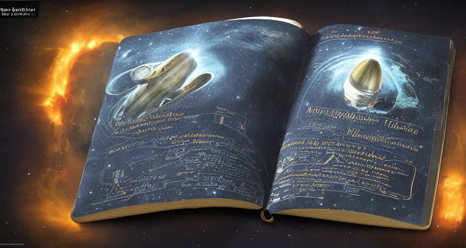 Image similar to a majestic and mystifying book about space travel, moleskin book, relic, knowledge, wisdom, secrets, travel guide, space tourism, hard cover book, adventure, hyper realistic, realistic, 8 k render, unreal engine 5 render