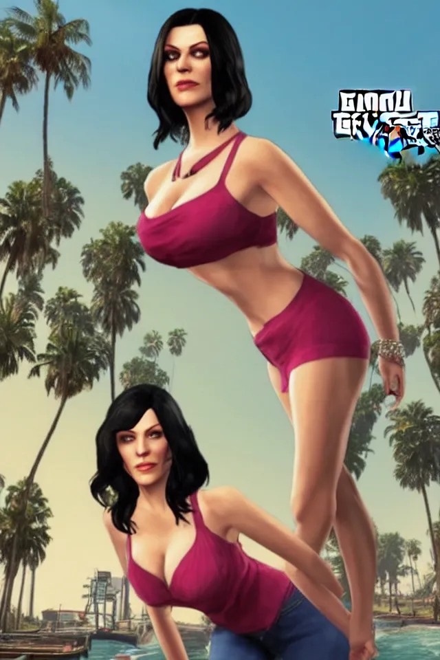 Image similar to A GTA 5 game loading screen featuring Monica Belluci